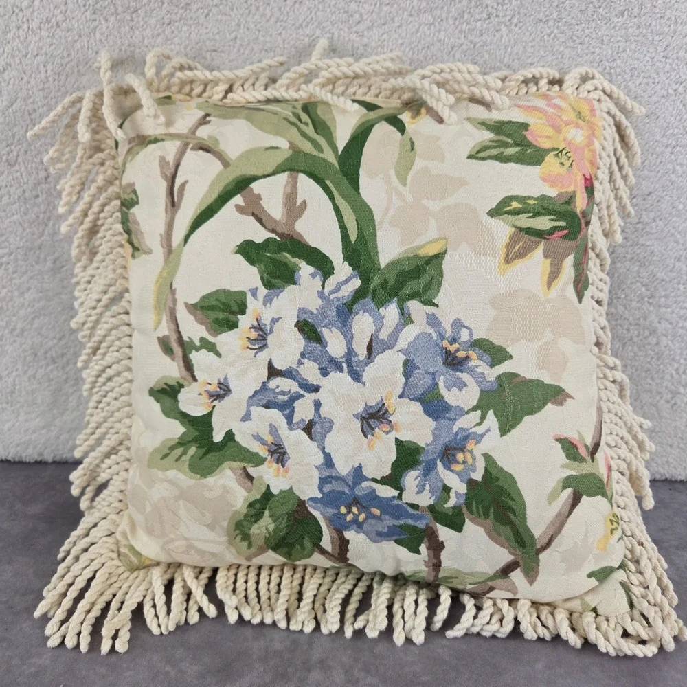 Vintage Floral Tapestry Throw Pillow Cream Pink Blue Rope Fringe 14x14 Square